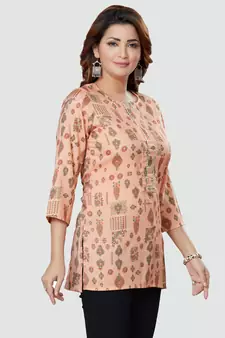 Peach printed rayon short-kurtis