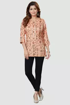 Peach printed rayon short-kurtis