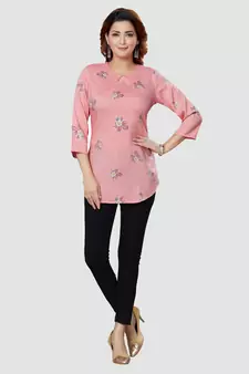 Pink printed rayon short-kurtis