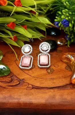 Pink Brass Star American Diamond Earrings Studs for Women 2