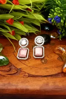 Pink Brass Star American Diamond Earrings Studs for Women