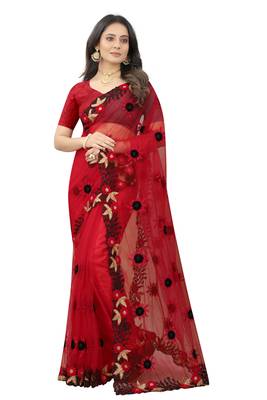 Red embroidered net saree with blouse 1