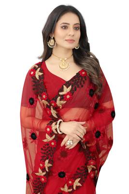 Red embroidered net saree with blouse 2