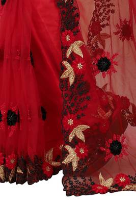 Red embroidered net saree with blouse 3