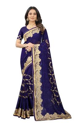 Navy blue embroidered georgette saree with blouse 1