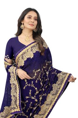Navy blue embroidered georgette saree with blouse 2
