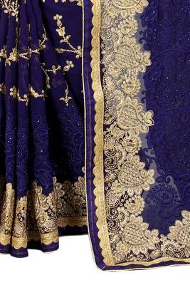 Navy blue embroidered georgette saree with blouse 3