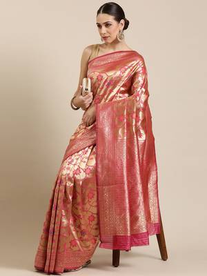 Pink Woven Poly silk blend Saree With Blouse 1