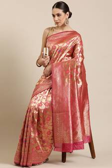 Pink Woven Poly Silk Blend Saree With Blouse