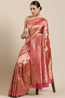 Pink Woven Poly Silk Blend Saree With Blouse