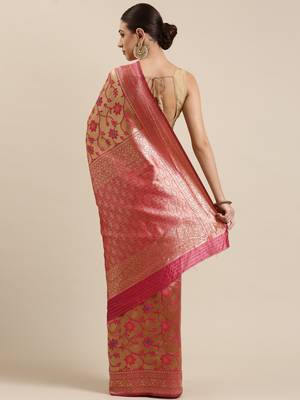 Pink Woven Poly silk blend Saree With Blouse 2