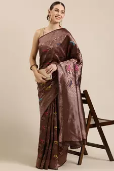 Brown Woven Poly Silk Blend Saree With Blouse