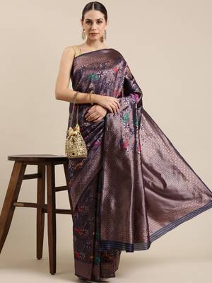 Navy Blue Woven Poly silk blend Saree With Blouse 1