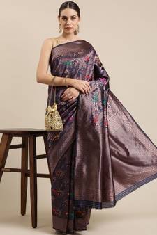 Navy Blue Woven Poly Silk Blend Saree With Blouse