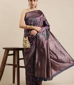 Navy Blue Woven Poly Silk Blend Saree With Blouse