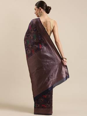 Navy Blue Woven Poly silk blend Saree With Blouse 2