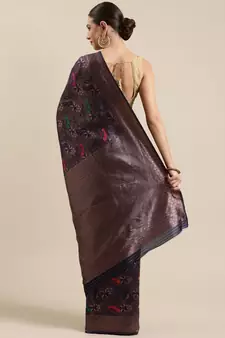 Navy Blue Woven Poly silk blend Saree With Blouse