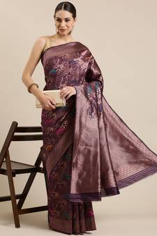 Wine Woven Poly Silk Blend Saree With Blouse