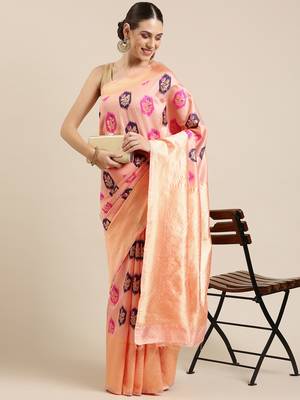 Peach Woven Poly silk blend Saree With Blouse 1