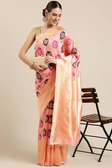Peach Woven Poly Silk Blend Saree With Blouse