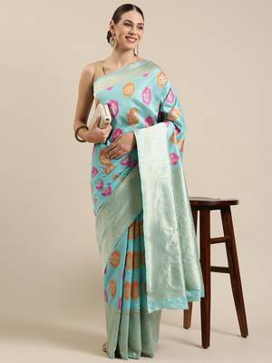Sea Green Woven Poly silk blend Saree With Blouse 1