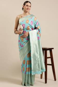 Sea Green Woven Poly Silk Blend Saree With Blouse