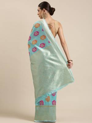 Sea Green Woven Poly silk blend Saree With Blouse 2