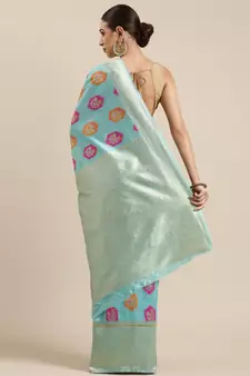 Sea Green Woven Poly Silk Blend Saree With Blouse