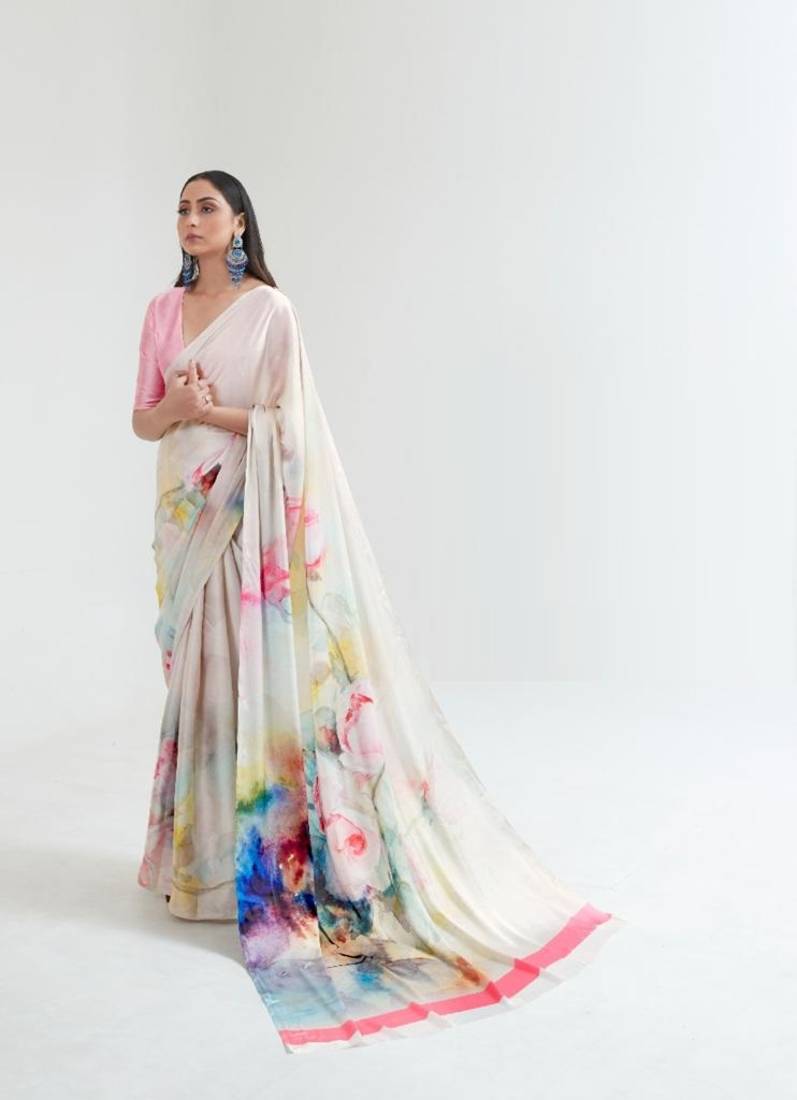 VSAREE IVORY WHITE SATIN SILK DIGITAL PRINTED SAREE