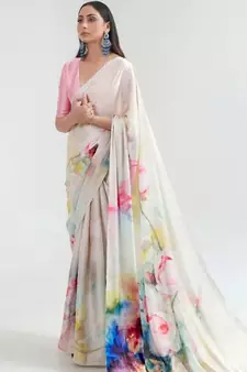 VSAREE IVORY WHITE SATIN SILK DIGITAL PRINTED SAREE