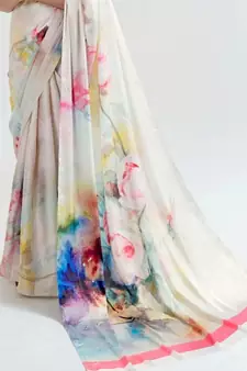 VSAREE IVORY WHITE SATIN SILK DIGITAL PRINTED SAREE