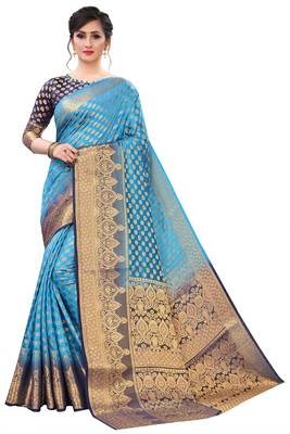 Mr & Mrs Creation Present Blue Colour Cotton Art Silk Saree With Designer Blouse Pic  1