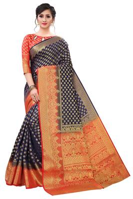 Mr & Mrs Creation Present N Blue Colour Cotton Art Silk Saree With Designer Blouse Pic  1