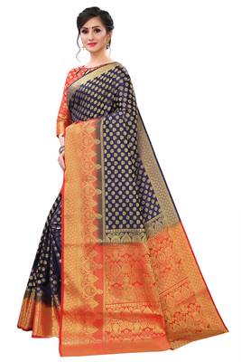 Mr & Mrs Creation Present N Blue Colour Cotton Art Silk Saree With Designer Blouse Pic  2