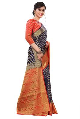 Mr & Mrs Creation Present N Blue Colour Cotton Art Silk Saree With Designer Blouse Pic  3