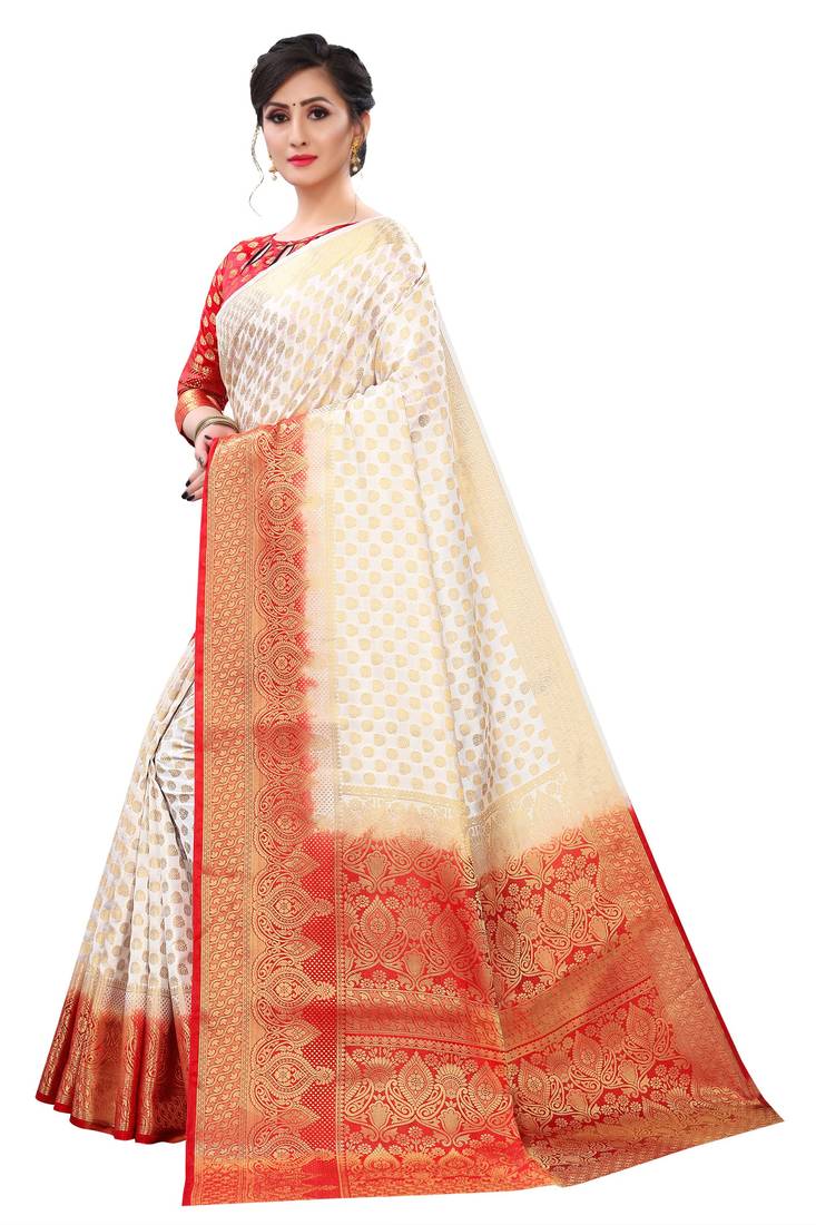Mr & Mrs Creation Present White Colour Cotton Art Silk Saree With Designer Blouse Pic 