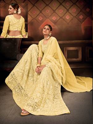 Gold embroidered net semi stitched lehenga 3
