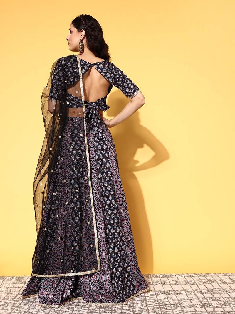Black Printed Semi-Stitched Lehenga Choli with Dupatta