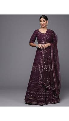 Burgundy Embroidered Thread Work Georgette Semi-Stitched Lehenga & Unstitched Blouse With Dupatta 1