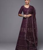 Burgundy Embroidered Thread Work Georgette Semi-Stitched Lehenga & Unstitched Blouse With Dupatta