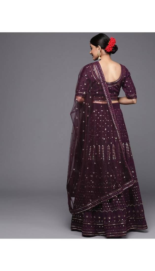 Burgundy Embroidered Thread Work Georgette Semi-Stitched Lehenga & Unstitched Blouse With Dupatta