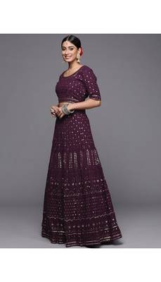 Burgundy Embroidered Thread Work Georgette Semi-Stitched Lehenga & Unstitched Blouse With Dupatta 3