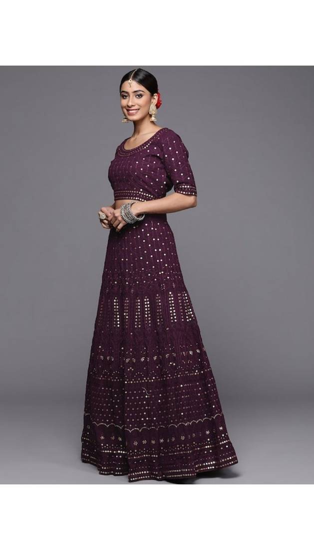 Burgundy Embroidered Thread Work Georgette Semi-Stitched Lehenga & Unstitched Blouse With Dupatta