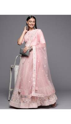 Pink Embroidered Sequinned Georgette Semi-Stitched Lehenga & Unstitched Blouse With Dupatta 1