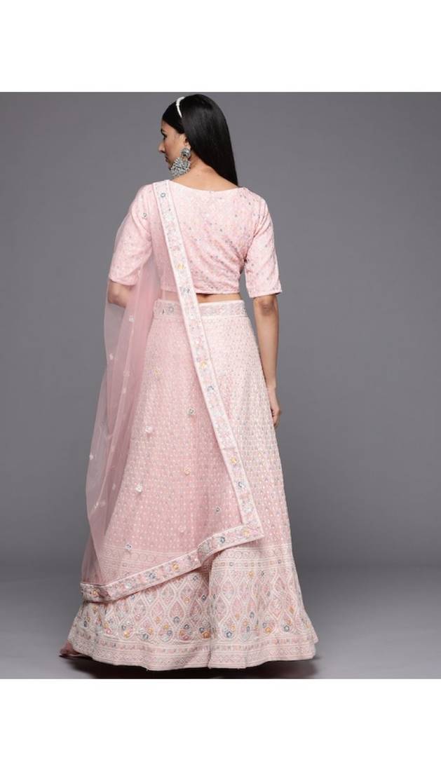 Pink Embroidered Sequinned Georgette Semi-Stitched Lehenga & Unstitched Blouse With Dupatta