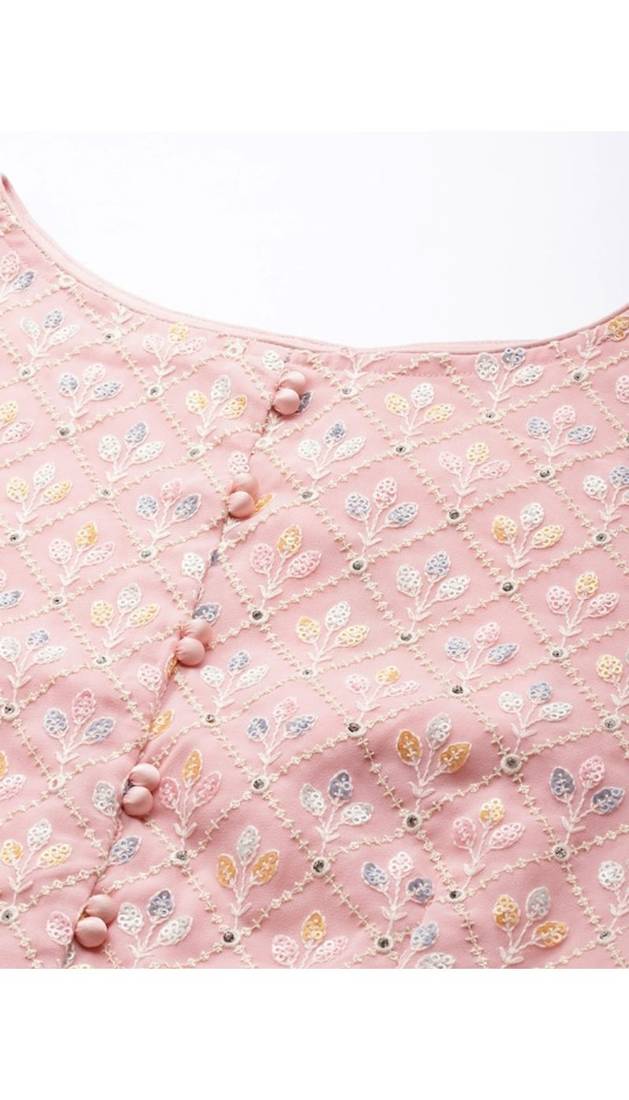 Pink Embroidered Sequinned Georgette Semi-Stitched Lehenga & Unstitched Blouse With Dupatta