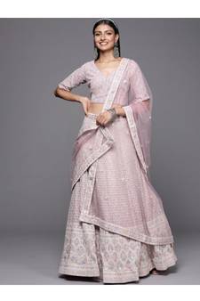 Lavender & White Embroidered Sequinned Georgette Semi-Stitched Lehenga & Unstitched Blouse With Dupatta