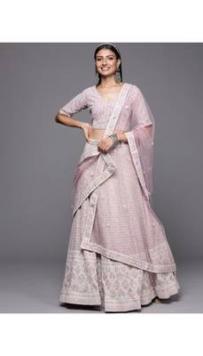 Lavender & White Embroidered Sequinned Georgette Semi-Stitched Lehenga & Unstitched Blouse With Dupatta 1