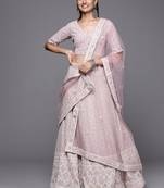 Lavender & White Embroidered Sequinned Georgette Semi-Stitched Lehenga & Unstitched Blouse With Dupatta