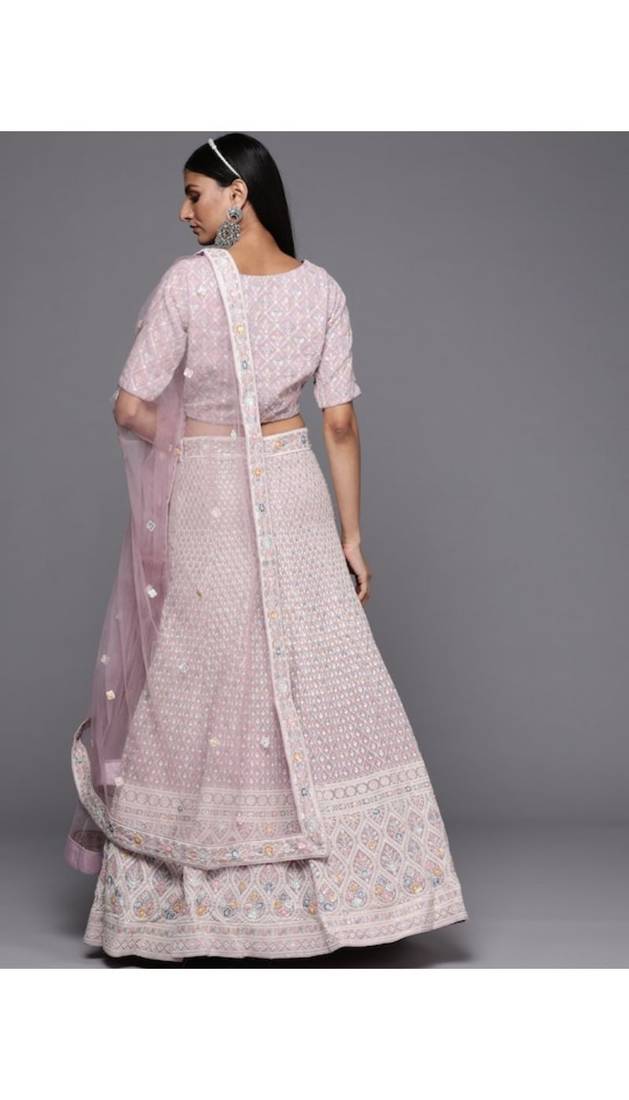Lavender & White Embroidered Sequinned Georgette Semi-Stitched Lehenga & Unstitched Blouse With Dupatta